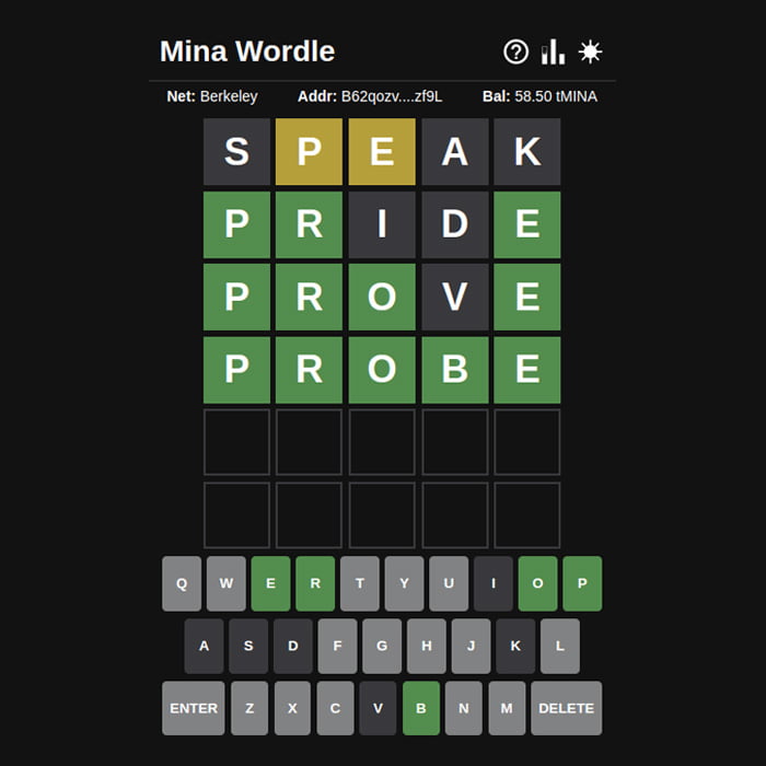 Wordle zkapp for Mina wordle screenshot